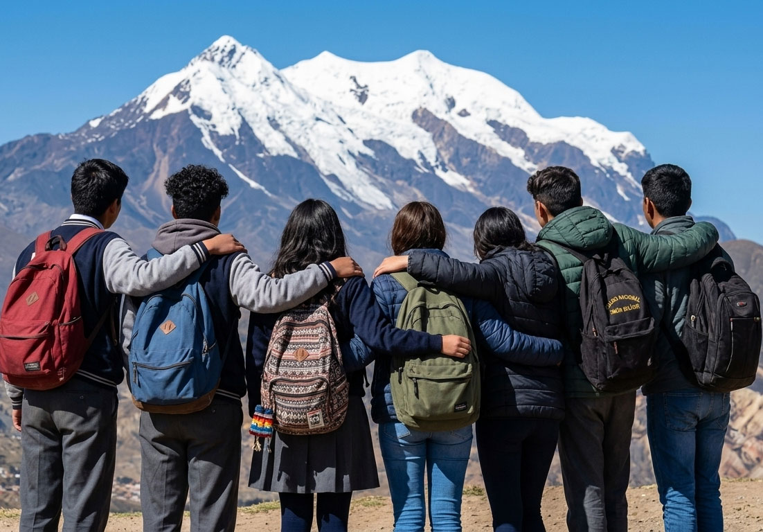 Estudiantes Bolivianos trabajando juntos mirando al futuro